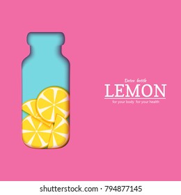 Papercut bottle with slice citrus lemon fruit. Vector card llustration. Tropical craft paper yellow lime fruit border and detox water cocktail for design of food packaging juice, cosmetics, tea, diet