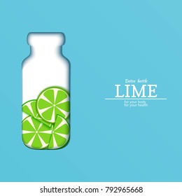 Papercut bottle with slice citrus lime fruit. Vector card llustration. Tropical craft paper green lemon fruit border and detox water cocktail for design of food packaging juice, cosmetics, tea, diet.