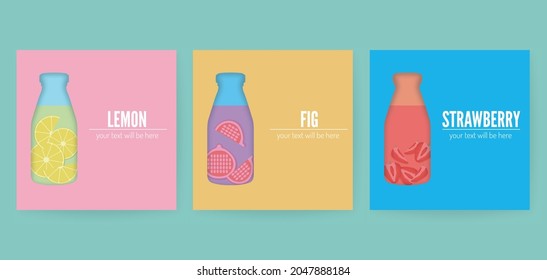 Botella de papel cortada con trozos de fruta. Ilustración de tarjetas vectoras. Borde de fruta de papel de artesanía tropical y cóctel de agua desintoxicante para el diseño de jugo de envasado de alimentos, cosméticos, té, dieta.