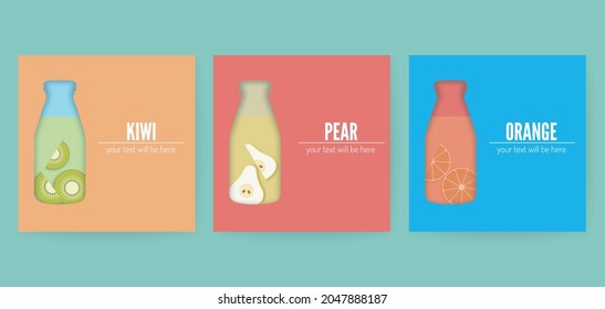 Botella de papel cortada con trozos de fruta. Ilustración de tarjetas vectoras. Borde de fruta de papel de artesanía tropical y cóctel de agua desintoxicante para el diseño de jugo de envasado de alimentos, cosméticos, té, dieta.