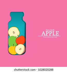 Papercut bottle with slice red yellow green apples fruit. Vector card llustration. Craft paper apple fruit border and detox water cocktail for design of food packaging juice, cosmetics, tea, diet.