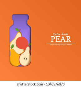 Papercut bottle with slice red yellow pears fruit. Vector card llustration. Craft paper apple fruit border and detox water cocktail for design of food packaging juice, cosmetics, tea, diet