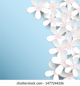 PaperCut Cherry Blossum flower on blue background Paper Cut Design