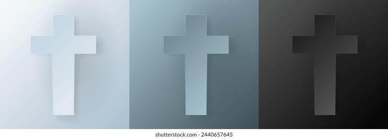 Papercut Christian cross. 3D Papercraft religious crucifix icon for posters and flyers, presentation, web, social media, design, banner, stickers, obituary, death notice or card of condolence.