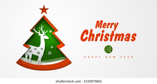 Paper-cut Christmas trees and deer, Christmas card, cover design.