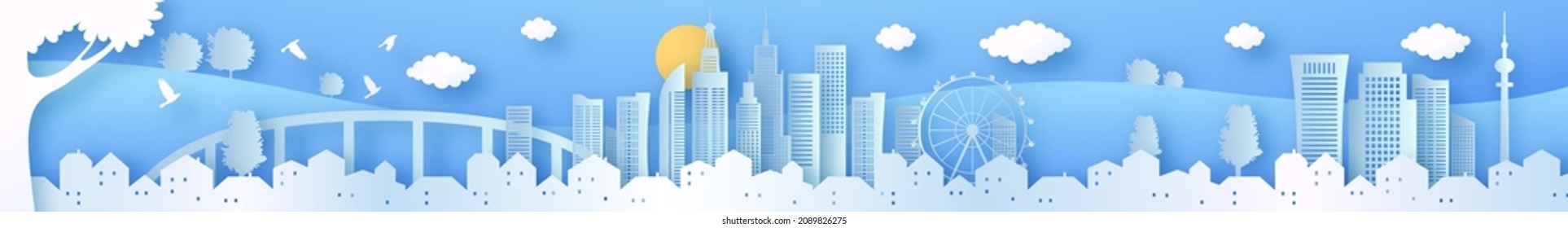 Ilustración horizontal del paisaje de la ciudad de Papercut con arquitectura moderna torre de rascacielos y edificios urbanos. Sunny day panorama del paisaje urbano en 3d estilo de arte de corte de papel.