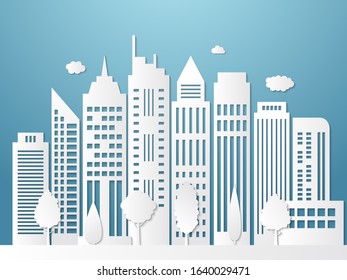 Papercut City. Origami Urban Landscape White Silhouettes With Shadows Business Offices Outdoor Vector Wallpaper