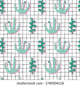 Plantas de colaje de corte en papel sin fisuras de patrón vectorial. Resumen de las formas de la planta verde y el estilo 3d teal sobre un fondo de cuadrícula blanco y negro. Una textura de naturaleza repitiendo de forma minimalista. 