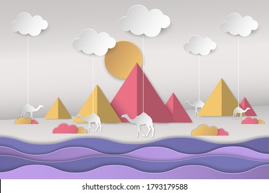 papercut creative vector 3d camel with cloud and mountain landscape