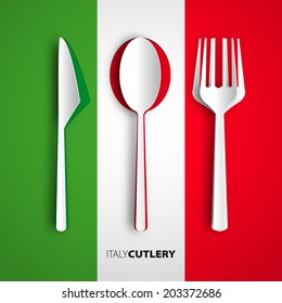 Papercut cutlery on italy flag, Vector restaurant card menu design