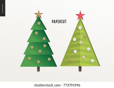 Papercut - decorated christmas trees set. 3D cut out vector imitation