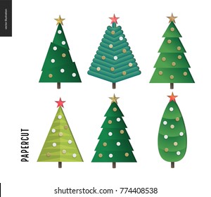 Papercut - decorated christmas trees set. 3D cut out vector imitation
