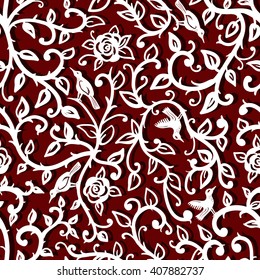Paper-cut design. Seamless vector pattern in antique style with a wild rose and birds on a red background.