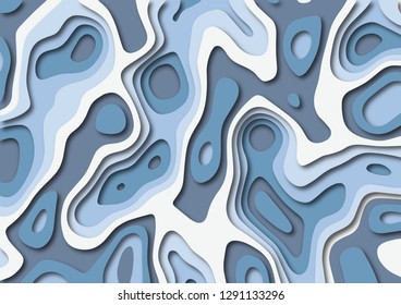 Papercut design of topographic waves and holes. 3D Abstract vector background in shades of blue. EPS10 vector format