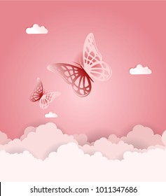 Papercut design, Vector paper clouds with butterflies. Pink background.