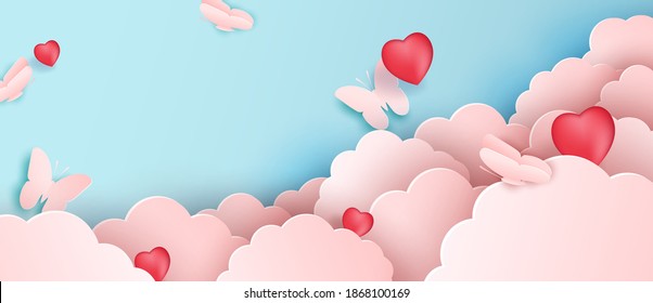 Diseño de papel, nubes de papel vectorial con mariposas. Nube rosa y fondo azul