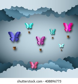 Papercut design, Vector paper clouds and balloons with butterflies