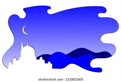 A papercut effect of a mosque, and mountains, Muslim celebration concept