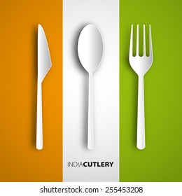 Papercut fork, knife, spoon on india flag, Vector restaurant card menu design