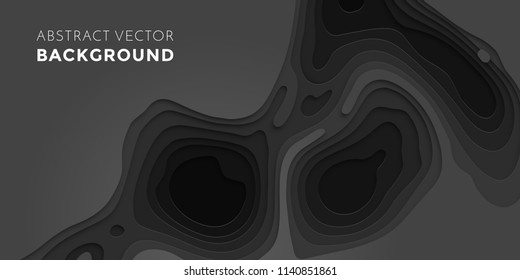 Papercut geometric black pattern background or liquid 3D cutout with dark gray color multi layer for web banner or poster design