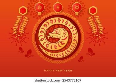 Cobra dourada com papel, fogo de artifício e cartão de lanterna. Símbolo chinês CNY Zodiac, Feliz ano novo 2025, ano de Snake. Festival da primavera, decoração de feriado lunar, cartão de saudação vermelho com ilustração de borboletas