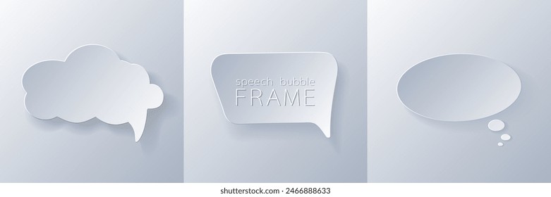 Burbujas de voz en blanco y gris con recorte de papel. 3D Papercraft cortar el icono del marco de conversación para carteles y volantes, presentación, Web, redes sociales, diseño, Anuncio, pegatinas e historias.