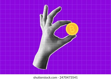 Paper-cut halftone hand holding a coin. Banner on a financial theme, money, cryptocurrency. Concept of payment and financial planning, savings.