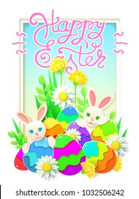 Papercut Happy Easter card With Rabbit, eggs And Flover. Vector illustration