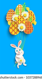 Papercut Happy Easter card With Rabbit, eggs And Flover. Vector illustration