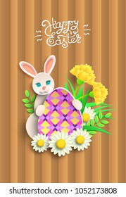 Papercut Happy Easter card With Rabbit, eggs And Flover. Vector illustration