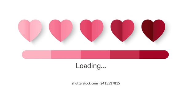 Papercut heart love loading set isolated on a white background. Vector illustration. Valentine's Day status bar with paper cut-styled hearts.