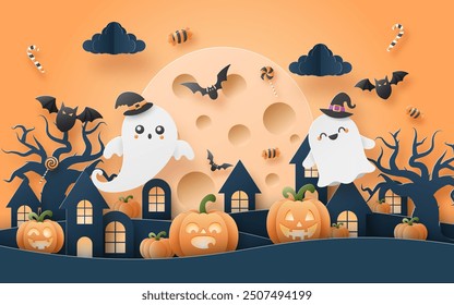 Papercut illustration of cartoon halloween scene, A cute ghost with smiling pumpkins in the village.