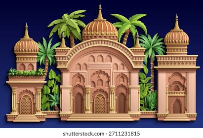 Ilustración de papercut de la arquitectura islámica con cúpulas, arcos y adornos arabescos, que representan la tradición, la cultura y la espiritualidad. Dibujado a mano, no AI