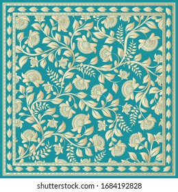 Paper-cut intertwining flower branches on a turquoise background. Golden shades of flowers and leaves, Indian style, Kalamkari. Decor for bandana, shawls, scarves, home textiles, accessories. 