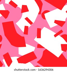 Papercut isolated vector repeat design. Red, pink and white geometric seamless pattern with abstract shapes for fabric print, textile or banner background. Large bow and small rectangle pieces.