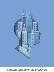 Papercut man head with modern architecture city building inside in 3D paper cut art style. Construction business or mind psychology concept.