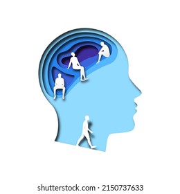 Papercut man head with people inside in realistic 3D paper cut style. Business teamwork design or mental health therapy illustration concept.