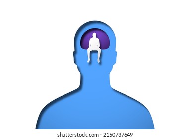 Papercut man silhouette with little character inside head in realistic 3D paper cut style. Life choice design or mental health therapy illustration concept.