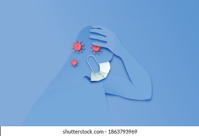 Papercut man wearing face mask with coronavirus infection. Sick person holding head. Covid19 symptoms concept, paper cut illustration of boy in pain or fever.