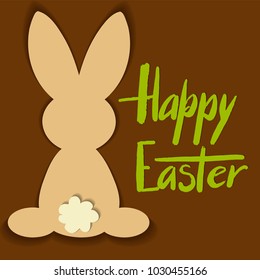 Papercut minimalistic illustration of easter bunny and hand lettering ‘happy easter’ for designing invitation, poster, banner, website. Vector paper cut illustration of rabbit