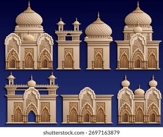 Conjunto modular de elementos de arquitetura islâmica com cúpulas, arcos e ornamentos para projetos de design criativo, ilustração e decoração. Desenhado à mão, não com IA