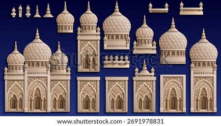 Papercut modular set of Islamic architecture elements with domes, arches, and ornaments for creative design, illustration, and decoration projects. Hand drawn, not AI