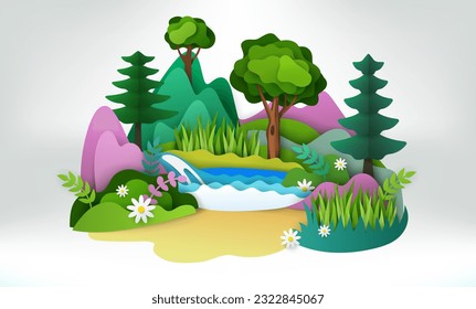 Naturaleza recortada. Arte de la jungla verde. Montañas y el mundo de los bosques ecológicos. Plantas de verano. Panorama natural y salvaje. Fondo del entorno. Ilustración exacta del vector