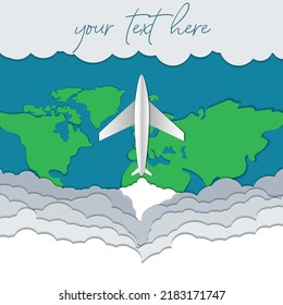 Papercut Postcard. A Flying Plane Over The Ground And Clouds . With Copyspace