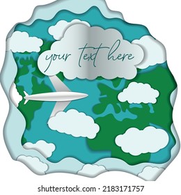 Papercut Postcard. A Flying Plane Over The Ground And Clouds . With Copyspace