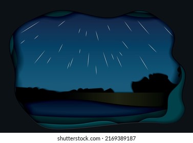 papercut postcard .night sky with a view of the Perseid starfall view from earth. vector illustration