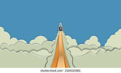 papercut postcard .rocket launch against the sky and clouds . vector illustration