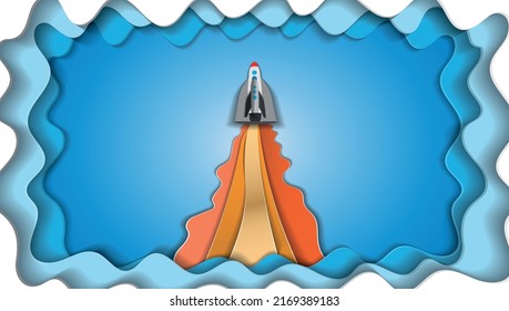 papercut postcard .rocket launch against the sky and clouds . vector illustration