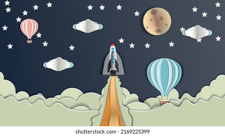 Papercut Postcard .rockets Are Flying Towards The Moon Against The Background Of The Night Sky, Balloons And Clouds. Vector Illustration