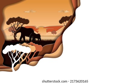 a paper-cut postcard with a savannah, a giraffe and a tourist photographer on a sunset background. vector illustration